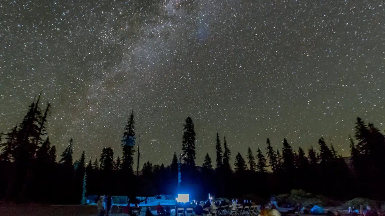 Close up on a plate of mashed potatoes, topped with baked pork chops with cream of mushroom soup, and a side of green beans.